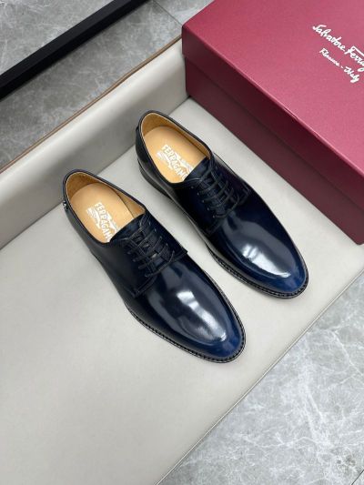 Ferragamo Black and blue calfskin Leather Shoes-Ferragamo Man Business Leather Shoes